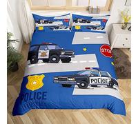 Housse de Couette 140x200 cm 3D Voiture De Police Parure de Lit 1 Personne Imprimée Microfibre Hiver, Garçon Housse Couette 140x200 cm + 2 Taies d'oreiller 65x65 cm G417
