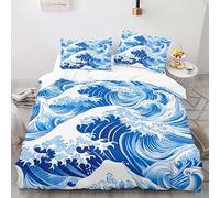 Housse de Couette 140x200 cm Art Japonais des Vagues Parure de Lit Motif 3D Sets De Housse Couette Et 2 Taies d'oreiller 65x65cm，AI Motifs Couvre-lit Doux et Respirant#YR6