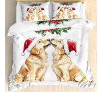 Housse de Couette 140x200 cm Chien Noël Parure de Lit 1 Personnes Golden Retriever Bonnet De Noel, Housse Couette Imprimé Réversible avec 2 Taies d'oreiller 65x65 cm