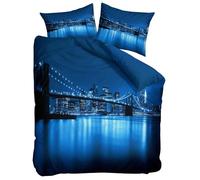 Housse de Couette 140x200 cm New York Pont De Brooklyn Bleu Ensembles de Housses de Couette en Polycoton Douce avec 2 Taies d'oreiller 65x65 cm, 3 Pièces Parure de Lit 1/2 Personnes