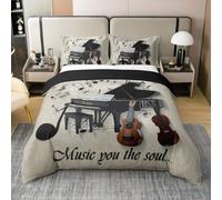 Housse de Couette 140x200 Coton Piano et Guitare Parure de Lit Notes de Musique Couvre Lit Enfants Adolescents Garçons Filles. Thèmes de Musique Moderne Literie Vintage Country Violon Noir Gris
