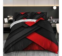 Housse de Couette 140x200 Design Géométrique Minimaliste Parure de Lit 1 Personne Coloris Noir et Rouge Imprimé 3D Microfibre Doux Housses Couettes avec Fermeture Éclair et 2 Taies d'oreiller C.1177