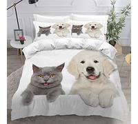 Housse de Couette 140x200 Enfant Chat 3D Imprimé Fille Parure de lit 1 Personnes Golden Retriever 3 Pièces Confortable Doux Microfibre avec Fermeture Éclair Literie et 2 Taie d'oreiller