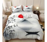 Housse de Couette 140x200 Enfant Feuilles de Bambou 3D Imprimé Parure de Lit 1 Personne Peinture à L'encre Japonaise 3 Pièces Doux Microfibre avec Fermeture Éclair et 2 Taies d'oreiller 65x65 cm P20