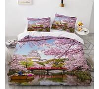 Housse de Couette 140x200 Enfant Fleurs de Cerisier du Japon 3D Motif Fille Parure de Lit 1 Personne avec Fermeture Éclair Ultra Doux Microfibre 3 pièces Ado Literie avec 2 Taie d'oreiller 50x75cm