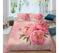 Housse de Couette 140x200 Enfant Fleurs Roses 3D Parure de Lit 1 Personne en Microfibre Décorations pour Filles 3 Pièces Ensemble de literie Rose avec Fermeture Éclair et 2 Taies d'oreiller h-1919