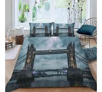 Housse de Couette 140x200 Enfant Londres Parure de lit 1 Personne Architecture de Pont Set de Housse Couette Microfibre Imprimée 3D Ensemble de Literie avec 2 Taies d'oreiller A-1802