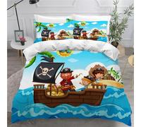 Housse de Couette 140x200 Enfant Navire Pirate Parure de Lit 1 Personne 3D Motif Océan De Dessin Animé Microfibre avec Fermeture Éclair avec Taie d'oreiller 50x75 cm