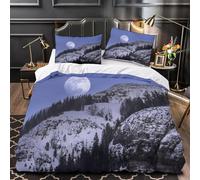 Housse de Couette 140x200 Enfant Paysage de Montagne Enneigé 3D Parure de Lit 1 Personne en Microfibre Lune 3 Pièces Ensemble de literie Bleu avec Fermeture Éclair et 2 Taies d'oreiller G.375