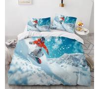 Housse de Couette 140x200 Enfant Ski d'hiver 3D Parure de Lit 1 Personne en Microfibre Sports Extrêmes 3 Pièces Ensemble de literie Jaune avec Fermeture Éclair et 2 Taies d'oreiller h-1706