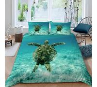 Housse de Couette 140x200 Enfant Tortue De Mer Parure de lit 1 personne Fille Garçon Microfibre 3D Créatures Aquatiques Ensemble de literie 3 pièces avec Fermeture Éclair et 2 Taies d'oreillers
