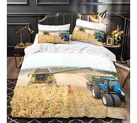 Housse de Couette 140x200 Enfant Tracteur Parure de lit 1 Personne Fille Garçon Microfibre 3D Moissonneuse-batteuse Ensemble de literie 3 pièces avec Fermeture Éclair et 2 Taies d'oreillers
