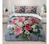 Housse de Couette 140x200 Fleurs Blanches et Roses Microfibre Douce Parures de Lit 1 Personnes Imprimé 3D Beaux Bouquets Housses Couette avec 2 Taies d'oreiller et Fermeture Éclair g.2654