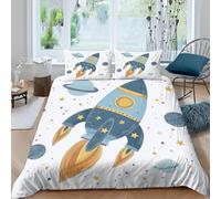 Housse de Couette 140x200 Fusée de Dessin Animé Parures de Lit Ados 3D Imprimée Literie Set 3 Pièces Thème Cosmos Microfibre Housse Couette 1 Personne avec 2 Taie d'oreiller F.737