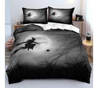Housse de Couette 140X200 Halloween, Sorcière Sur Balai, Araignée, Lune et Branches, Ensemble de Literie Imprimé pour Décoration D'Halloween, Housse de Couette en Microfibre Douce pour Garçons F