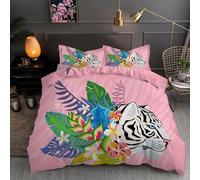 Housse de Couette 140x200 Illustration du Tigre Blanc - Parure de Lit 1 Personne Motif Plumeria Ensemble de Literie Microfibre Housse Couette avec Fermeture éClair et 2 Taies D'Oreiller 65x65 Cm