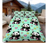 Housse de Couette 140x200 Impression de Panda Mignon, 1 Personne, Parure de Lit Étoiles Microfibre avec 2 x Taie d'oreiller 65x65 cm avec Fermeture éclair