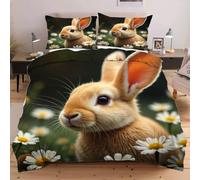 Housse de Couette 140x200 Lapin Parure de Lit 1 Personne Fleurs Imprimée 3D Microfibre Douce Animaux Mignons Housse Couette Réversible avec 1 Taie d'oreiller b4027