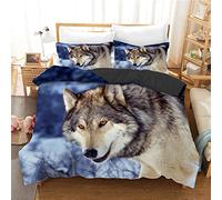 Housse de Couette 140x200 Loup Bleu Parure Housse de Couette 110g/㎡ Microfibre Douce + 2 Taies d'oreiller 65x65 Adaptée Aux Enfants Garçons Filles Fermeture éclair Housse Couette Ado