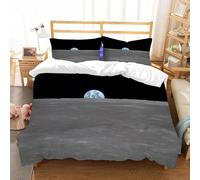 Housse de Couette 140x200 Lune Parure de Lit 3D Imprimée Microfibre Paysages Spatiaux Housse Couette 1 Personne avec Fermeture éclair + 2 Taie d'oreiller 65x65 cm e-207