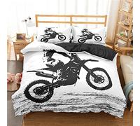 Housse de Couette 140x200 Moto Blanche Parure Housse de Couette 110g/㎡ Microfibre Douce + 2 Taies d'oreiller 65x65 Adaptée Aux Enfants Garçons Filles Fermeture éclair Housse Couette Ado
