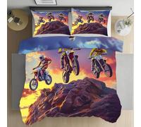 Housse de Couette 140x200 Moto-Cross Sports Extrêmes Douce et Respirante, Thème Sportif Décoration Garçon Parure de Lit avec Fermeture Éclair, 2 Taies d'oreiller 65x65cm