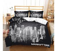 Housse de Couette 140x200 New York, Noir Parure de Lit 1 Personne Imprimée 3D Microfibre, 2 Taies d'oreiller 65x65 cm
