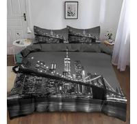 Housse de Couette 140x200 New York Parure de Lit 1 Personne Pont du Golden Gate Imprimée 3D Microfibre Douce Vue de Nuit sur la Ville Housse Couette Réversible avec 1 Taie d'oreiller 6612e