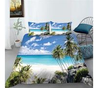 Housse de Couette 140x200 Océan Tropical Parure de Lit 1 Personne 3D Plage avec Palmiers Ensemble de Literie en Microfibre avec Fermeture Éclair et 2 Taies d'oreiller 65x65 cm B-3908