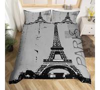 Housse de Couette 140x200 Paris Parure de Lit 1 Personne 3D Noir Gris Ensemble de Literie en Microfibre avec Fermeture Éclair et 2 Taies d'oreiller 65x65 cm D-1969