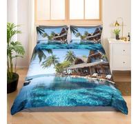 Housse de Couette 140x200 Paysage Marin Tropical Parure de Lit 1 Personne Chaumière Imprimée 3D Microfibre Literie Set 3 Pièces avec Housses Couettes et 2 Taies d'oreiller D-1051