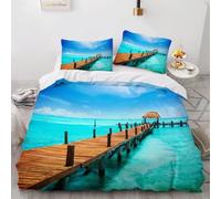 Housse de Couette 140x200 Plage 3D Parure de Lit Pont en Bois en Microfibre Doux Housses Couettes 1 Personne avec Fermeture Éclair avec 2 Taies d'oreiller 65x65 cm D.381