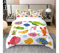 Housse de Couette 140x200 Poisson Microfibre Parure de Lit 3D Imprimée Animaux Marins de Dessins Animés pour Enfants Housse Couette Ultra Douce Confortable avec 2 Taies d'oreiller 65x65 C-1177