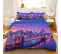 Housse de Couette 140x200 Pont de Brooklyn, Parure de Lit New York 1 Personne, Microfibre Housse Couette 3D Architecture Urbaine, 2 Taies d'oreiller 65x65 cm 1BT1148