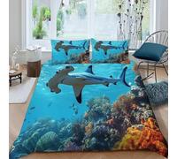 Housse de Couette 140x200 Récif de Requins-Marteaux Parure de Lit 1 Personne Animaux Marins Imprimé 3D Microfibre Doux Housses Couettes avec Fermeture Éclair et 2 Taies d'oreiller M.953