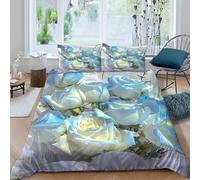 Housse de Couette 140x200 Roses Bleues et Blanches Parures de Lit Ados 3D Imprimée Literie Set 3 Pièces Petit Bleu Glacier Microfibre Housse Couette 1 Personne avec 2 Taie d'oreiller F.1794