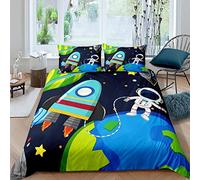 Housse de Couette 140x200 Thème De l'espace Parures de Lit Rockets 1 Personne Literie Astronaute en Microfibre Douce Imprimé 3D avec 2 Taies d'oreiller avec Fermeture éclair