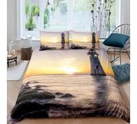 Housse de Couette 140x200 Tour de Guet et Coucher de Soleil Microfibre Douce Parures de Lit 1 Personnes Imprimé 3D Paysage Marin Housses Couette avec 2 Taies d'oreiller et Fermeture Éclair g.7082