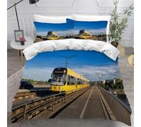 Housse de Couette 140x200 Train Jaune Microfibre Douce Parures de Lit 1 Personnes Imprimé 3D Tramway Housses Couette avec 2 Taies d'oreiller et Fermeture Éclair g.3656