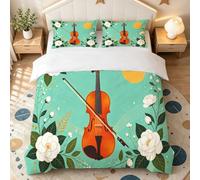 Housse de Couette 140x200 Violon Fleurs Instruments de Musique Artistiques | Parure de Lit 1 Personne Imprimé 3D Microfibre Literie Set 3 Pièces Vert Clair avec Housses Couette et 2 Taies d'oreiller