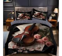 Housse de Couette 140x200 Violon Imprimée 3D Roses Roses Parure de Lit 1 Personne Doux Microfibre Literie avec 2 Taies D'oreillers avec Fermeture Éclair 359.C