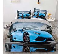 Housse de Couette 140x200 Voiture Bleue Parure Housse de Couette 110g/㎡ Microfibre Douce + 2 Taies d'oreiller 65x65 Adaptée Aux Enfants Garçons Filles Fermeture éclair Housse Couette Ado