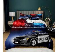 Housse de Couette 140x200 Voiture De Police, Parure de Lit Auto 1 Personne Imprimée, Microfibre Housse Couette Enfant et 2 Taies d'oreiller 65x65 cm