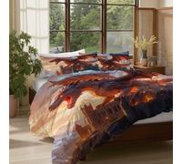 Housse De Couette 140x200cm 1 Personne avec 1 Taies d'oreiller 65x65cm Parure De Lit couleur orange avec Fermeture Adulte Animaux mythologiques de dark fantasy Château de la Falaise du Dragon Zippée