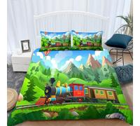 Housse de Couette 140x200cm - Dessin Animé Train à Vapeur Vert Parure de Lit Adulte avec Fermeture Éclair, Douce et Résistante Aux Rides Vert Housse de Couette 1 Personne pour Filles, Garçons