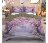 Housse De Couette 140X200Cm Forêt Cerisiers En Fleurs Rêve Poudre Blush Parure De Lit 1 Personne Garçons Filles Housse Couette En Microfibre Douce Imprimé Paysage Naturel Avec Taies D'Oreiller