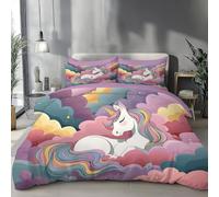 Housse de Couette 140x200cm Licorne De Dessin Animé Parure de Lit Nuages Colorés en Microfibre avec Fermeture Éclair - Parure de Lit Réversible Adulte avec 1 Taie d'oreiller 65x65 cm,Rose Violet