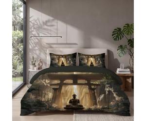 Housse de Couette 140x200cm Méditation du Bouddha Parure de lit pour 1 Personne Linge de lit Réversible Torii Sacrés Parure Couette avec Fermeture Éclair et 1 Taie d'oreiller 65x65cm, Jaune Chaud
