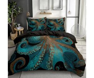 Housse de Couette 140x200cm - Réaliste Pieuvre Océan Animaux Parure de Lit Adulte, Bleu-Vert avec 2 Taies d'oreiller 65x65 cm - Microfibre Parure Couette 2 Personnes avec Fermetures éclair