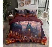 Housse de Couette 140x200cm Rue Rétro D'Halloween | Réversible Linge de Lit en Microfibre, Parure de lit pour 1 Personne Fantômes, Ville Des Bougies avec Fermeture Éclair et 1 Taies d'oreiller 65x65cm